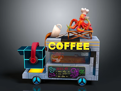 Cartoon Style Coffee Truck with Octopus Chef Hat Cup Headphone and Pasta on Blue Wheels 3d model