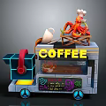 Cartoon Style Coffee Truck with Octopus Chef Hat Cup Headphone and Pasta on Blue Wheels
