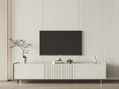 Modern White TV Stand With Drawers And Decorative Ornaments In Living Room Interior 3d model
