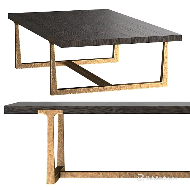 Modern Dark Wooden Dining Table With Golden Metal Cross Frame Legs 3d model 