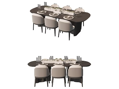 Modern Dining Table Set With Matching Chairs And Tabletop Decorations 3d model
