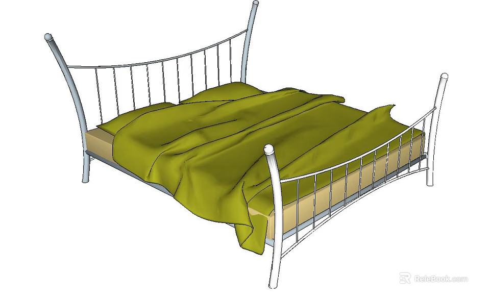 Double Bed With Curved Metal Frame And Green Bedspread Modern Design 3d model 