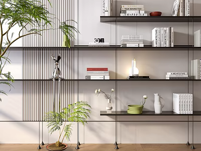Modern Open Shelf Bookcase Featuring Books Decorative Items Table Lamp And Potted Plants 3d model