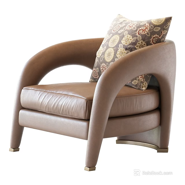 Modern Brown Leather Leisure Chair with Curved Armrests and Patterned Cushion 3d model 