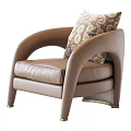Modern Brown Leather Leisure Chair with Curved Armrests and Patterned Cushion
