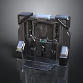 High Tech Equipment Console With Black Metal Frame Green Display Side Panels And Base Platform