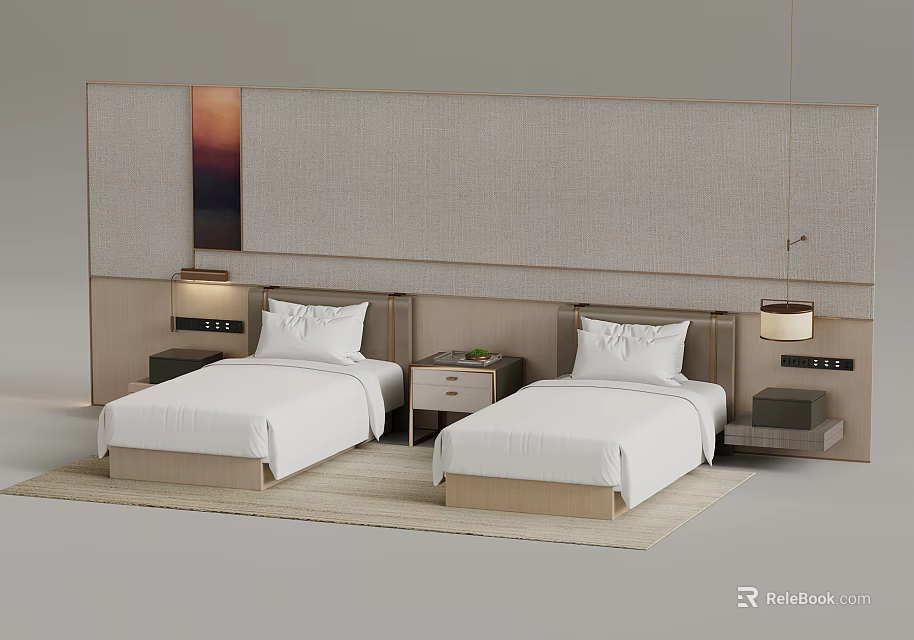 Modern Twin Bedroom Interior With Minimalist Headboard Bedside Tables And Lighting 3d model 