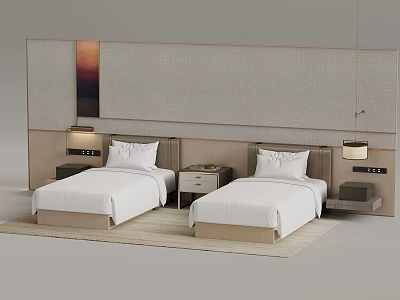 Modern Twin Bedroom Interior With Minimalist Headboard Bedside Tables And Lighting 3d model