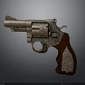 Intricately Carved Revolver Sculpture with Brass Body and Red Wooden Grip