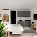 Modern Hotel Guest Room With White Bedding Beige Sofa Green Curtains And Decorative Paintings