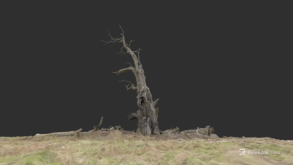 Plant Painting Featuring Withered Tree On Dark Background With Grass And Dead Branches 3d model 