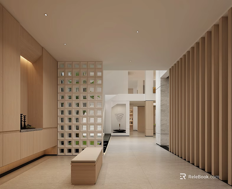 Modern Entryway Hallway Design With Wooden Partition Storage Bench And Recessed Lighting 3d model 