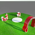 Red Headphone Shaped Event Entrance Arch For Vannele Festival With Decorations On Grass Field