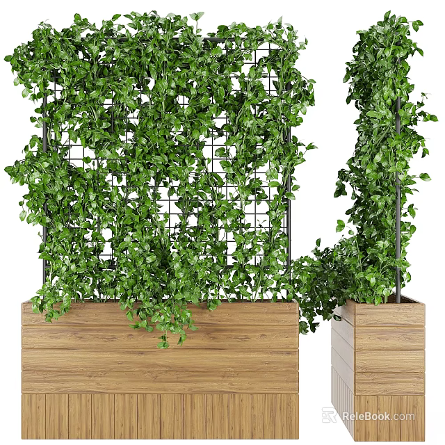 Decorative Ornament Combination With Lush Green Foliage Metal Grid And Wooden Planter Box 3d model 