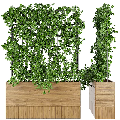 Decorative Ornament Combination With Lush Green Foliage Metal Grid And Wooden Planter Box 3d model