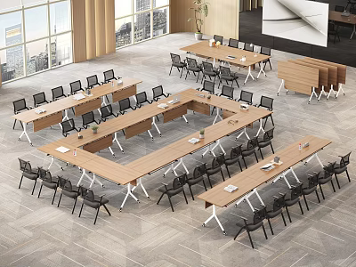 Wooden Conference Tables With Metal Legs In Modern Conference Room Large Windows Black Chairs 3d model