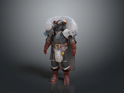 Fantasy Warrior Costume With Fur Trimmed Collar Horned Helmet Leather Armor And Boots 3d model