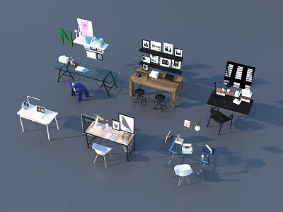 Various Modern Office Desks With Computer Monitors Office Supplies And Chairs 3d model