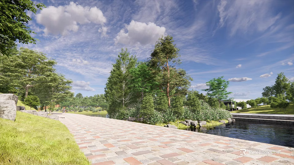 Scenic Waterfront Landscape With Paved Walkway Green Grass Trees Blue Sky And Calm Water 3d model 