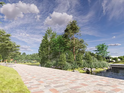 Scenic Waterfront Landscape With Paved Walkway Green Grass Trees Blue Sky And Calm Water 3d model