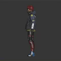 Red Haired Character Wearing Blue Jacket Black Pants and White Sneakers on Gray Background