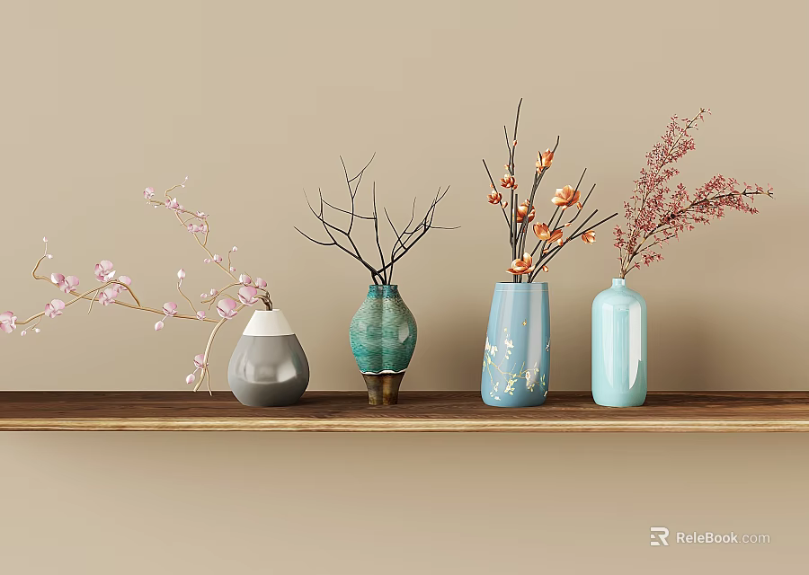 Decorative Ceramic Vases With Colored Flowers And Branches On Wooden Shelf 3d model 