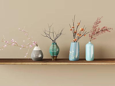Decorative Ceramic Vases With Colored Flowers And Branches On Wooden Shelf 3d model