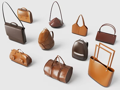 Various Stylish Leather Bags Including Handbags Backpacks Totes And Briefcases In Brown Tones 3d model