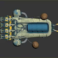 Futuristic Mechanical Device with Yellow Blue Parts White Balloon like Structures and Reflective Base