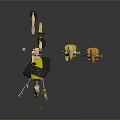 Mechanical Robots In Different Poses Standing And Lying With Yellow Green Parts