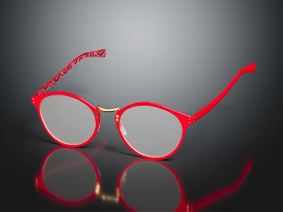 Stylish Red Round Frame Glasses With Clear Lenses And Decorative Temple Design 3d model