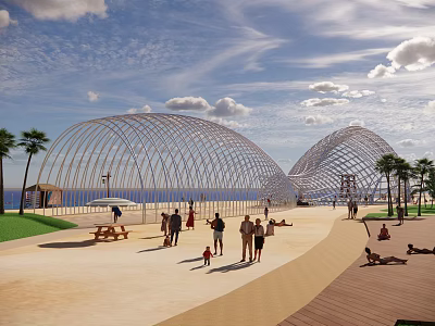 Scenic Waterfront Landscape With Arched Structures Palm Trees And Public Leisure Activities 3d model