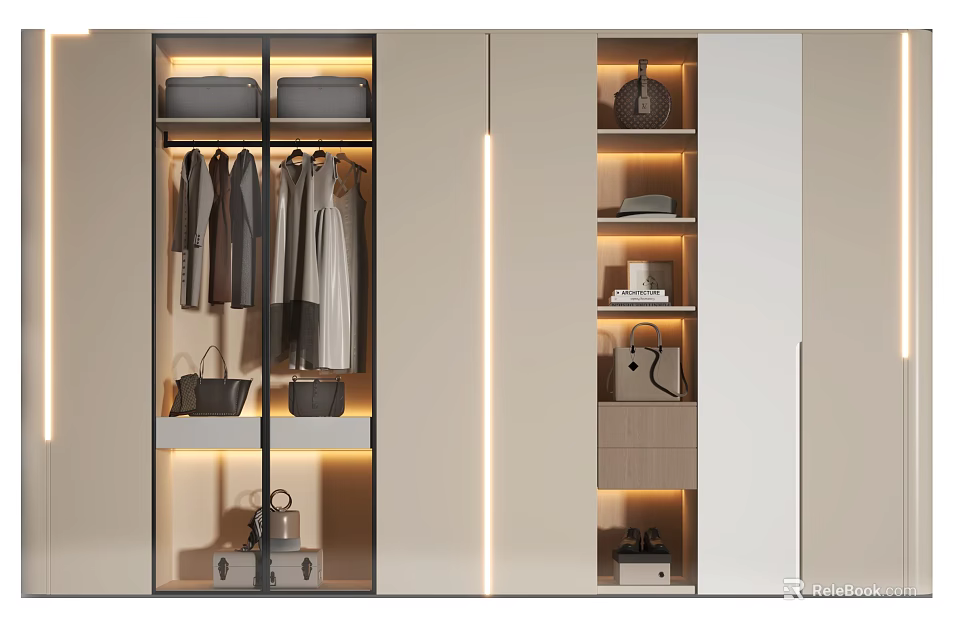 Modern Wardrobe Interior Design With Hanging Clothes Bags Shoes Shelves And Lighting 3d model 
