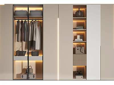 Modern Wardrobe Interior Design With Hanging Clothes Bags Shoes Shelves And Lighting 3d model
