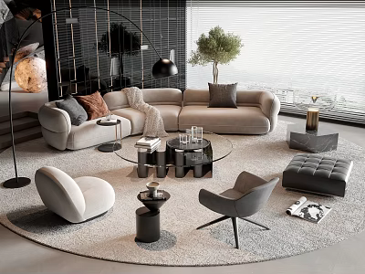 Modern Comfortable Sofa And Coffee Table Set With Glass Top Accent Chairs On Area Rug 3d model