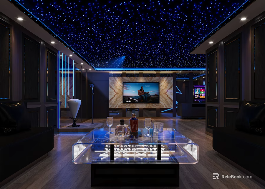 Modern KTV Lounge Interior With Starry Ceiling TV Sofa Coffee Table And Lighting 3d model
