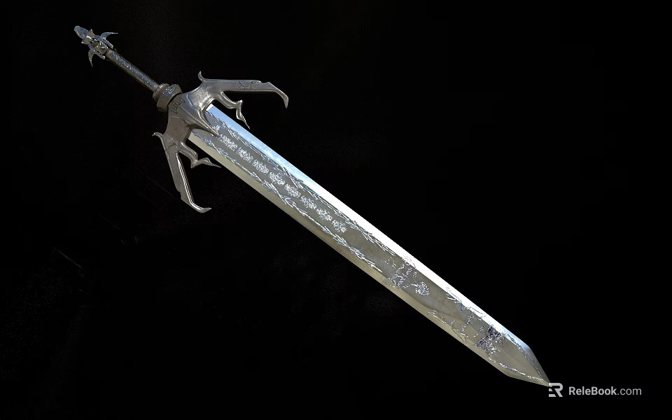 Intricately Carved Silver Sword With Decorative Hilt And Ornate Patterns 3d model 