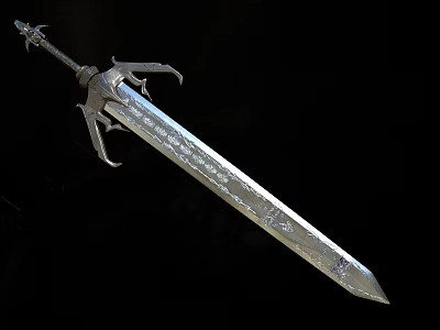 Intricately Carved Silver Sword With Decorative Hilt And Ornate Patterns 3d model