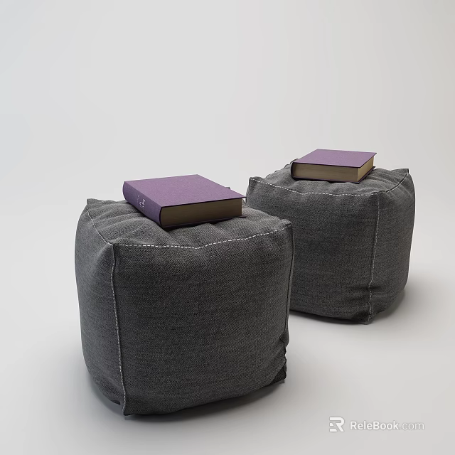 Gray Fabric Ottomans With Purple Cover Books Placed On Top For Home Decor 3d model 