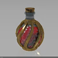 Ornate Glass Bottle With Golden Metal Frame Red Decorative Patterns And Cork Stopper