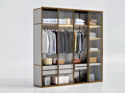 Modern Wardrobe With Gold Frame Glass Doors Hanging Clothes Folded Garments And Storage Drawers 3d model
