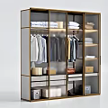 Modern Wardrobe With Gold Frame Glass Doors Hanging Clothes Folded Garments And Storage Drawers