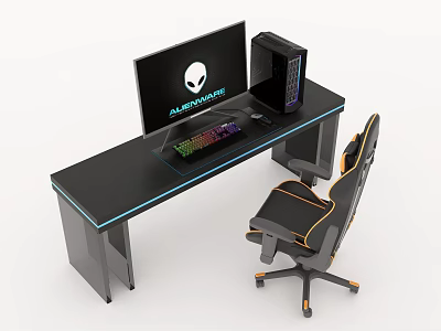 Modern Black Gaming Desk and Chair Set With Monitor Keyboard and PC Tower 3d model