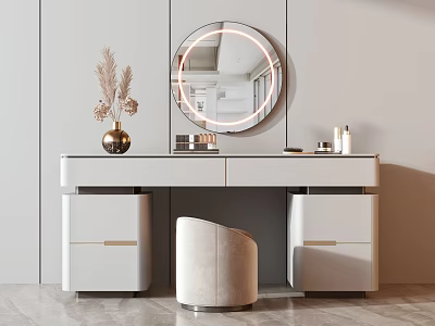 Modern Dressing Table With Round Illuminated Mirror Drawers And Chair 3d model