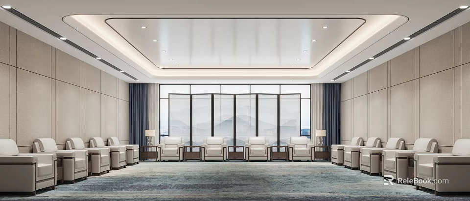 Spacious Hotel Public Lounge With Large Windows Comfortable Seats And Soft Carpet 3d model