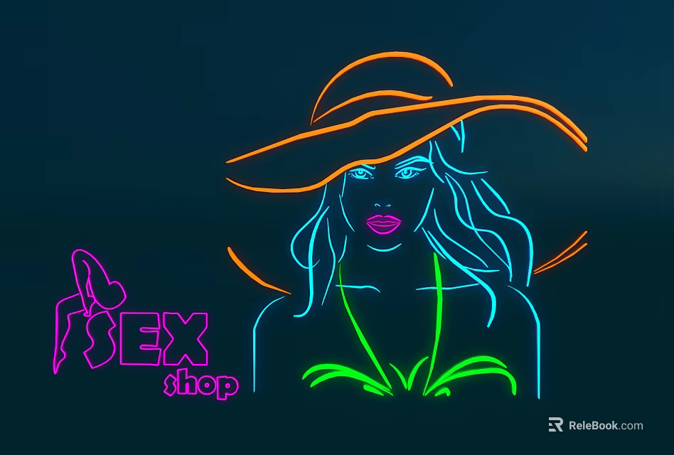 Neon Decorative Lights with Female Silhouette and Wide Brimmed Hat Design for Shop 3d model 