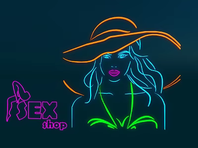 Neon Decorative Lights with Female Silhouette and Wide Brimmed Hat Design for Shop 3d model