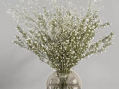 Delicate White Small Flowers with Green Branches in Transparent Glass Vase 3d model