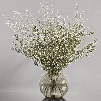 Delicate White Small Flowers with Green Branches in Transparent Glass Vase 3d model