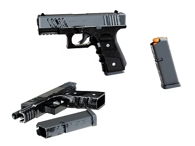 Black Tactical Pistol With Disassembled Parts And Magazine On White Surface 3d model